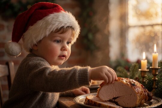 Adorable 4-year-old boy reaches for a slice of roasted turkey during a cozy family Christmas dinner setting.