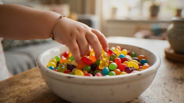 A close-up shot of a toddler's hand reaching into a white bowl filled with colorful jelly beans and gummy bears on a wooden table.