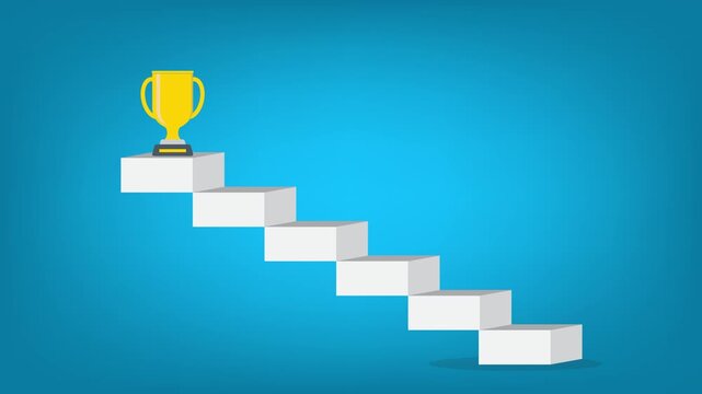 Business Success Trophy on Rising Staircase Achievement Animation
