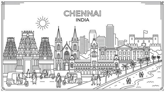 Chennai skyline outline with landmarks and local traffic.