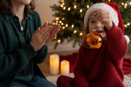 Cozy Christmas celebration at home as a young girl in a Santa hat holds a shiny ornament while an adult claps nearby.