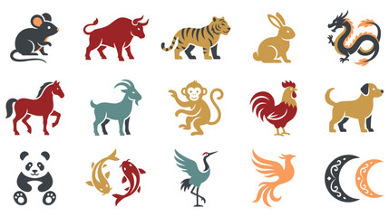 Naklejka premium chinese zodiac animals and oriental symbols for new year.