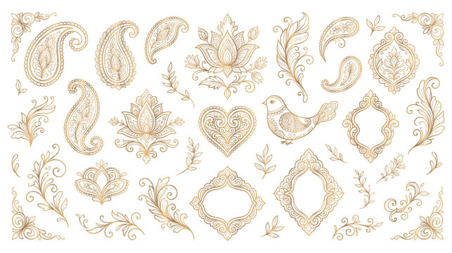 Golden paisley and lotus floral decorative ornament set.