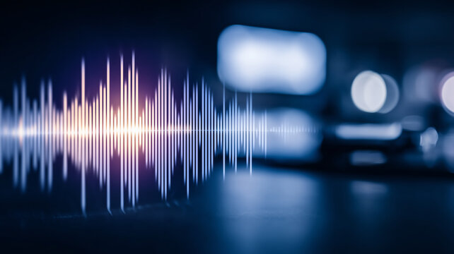 A digital audio waveform displayed across a screen represents sound analysis and modern voice processing technology.
