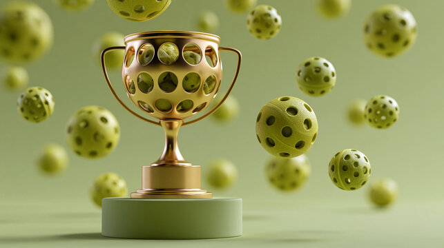 Golden trophy surrounded by floating green balls, representing sports achievement.