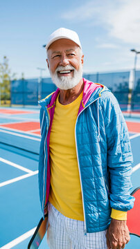 Happy elderly man smiling on a colorful tennis court, ready to play.