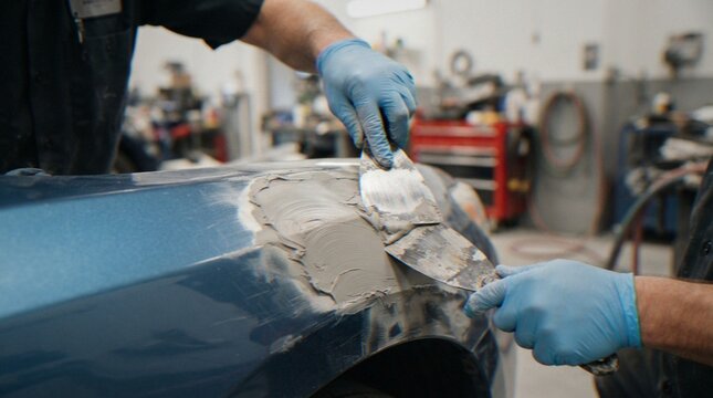 A mechanic uses a putty knife to apply auto body filler to the damaged fender of a blue car in a professional repair shop.