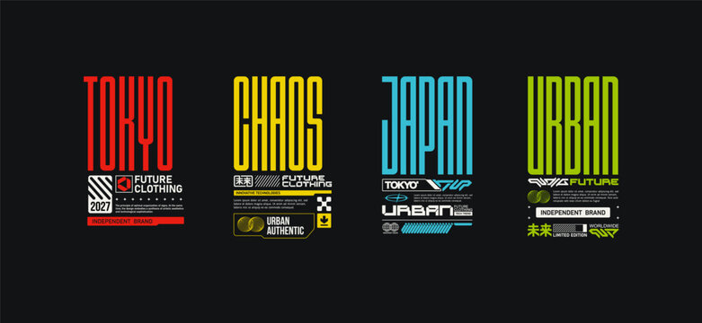 Futuristic prints set of streetwear typography. Editable cyberpunk apparel graphics with urban text compositions, tech fashion prints and modern branding elements 