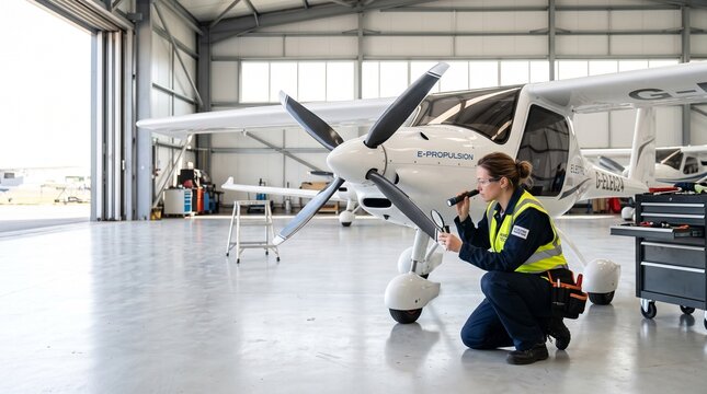 Female Aircraft Mechanic Inspecting Small Electric Plane in Hangar with Tools