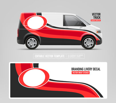 Commercial cargo van wrap vector template with side view. Editable delivery vehicle branding mockup for fleet identity, red colors advertising graphics and vinyl decal design
