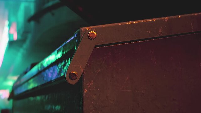 The scene shows a dumpster in a city alley at night. Light from nearby buildings reflects on the metal surface. There are shadows and colors that create an interesting visual effect.