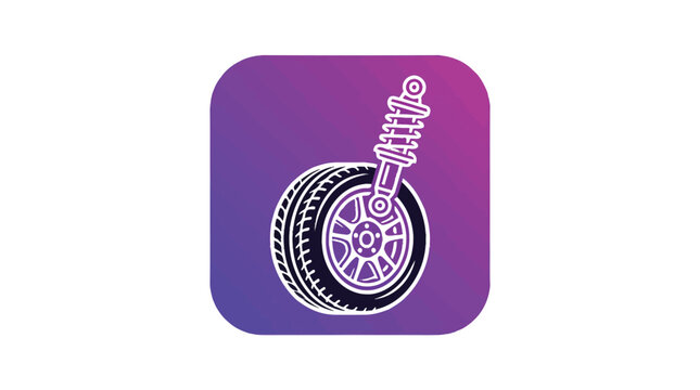 Car wheel and suspension strut icon graphic featuring bold white lines against a vibrant purple and pink gradient square background