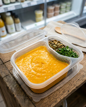 Frische Suppe mit separat verpacktem Topping
