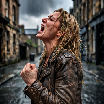 Intense Emotional Portrait of a Woman Screaming in the Rain on a Moody City Street