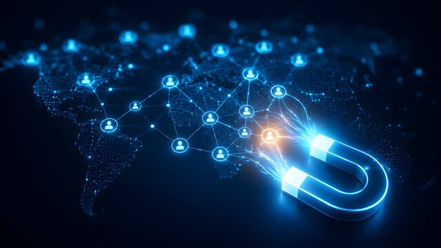 Glowing blue horseshoe magnet pulling digital network connections from a global world map illustrating worldwide customer acquisition and international talent recruitment.