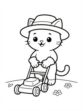 Cute Cartoon Cat Pushing Lawn Mower Gardening Scene Line Art Coloring Page Illustration