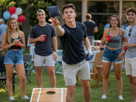 College student throws a beanbag during a lively backyard cornhole game while friends watch with red cups at a sunny outdoor party.
