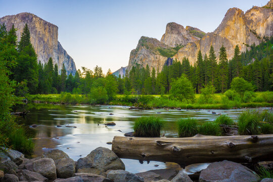 El Capitan and Bridalveil Falls behind the Merced River, Yosemite National Park, California, USA