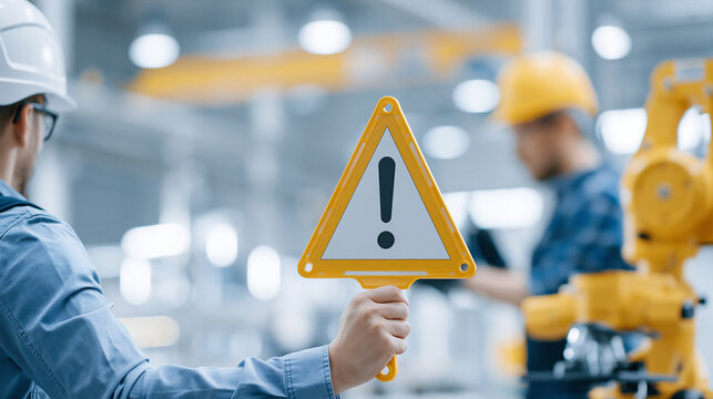 Male worker holding safety warning sign in industrial setting