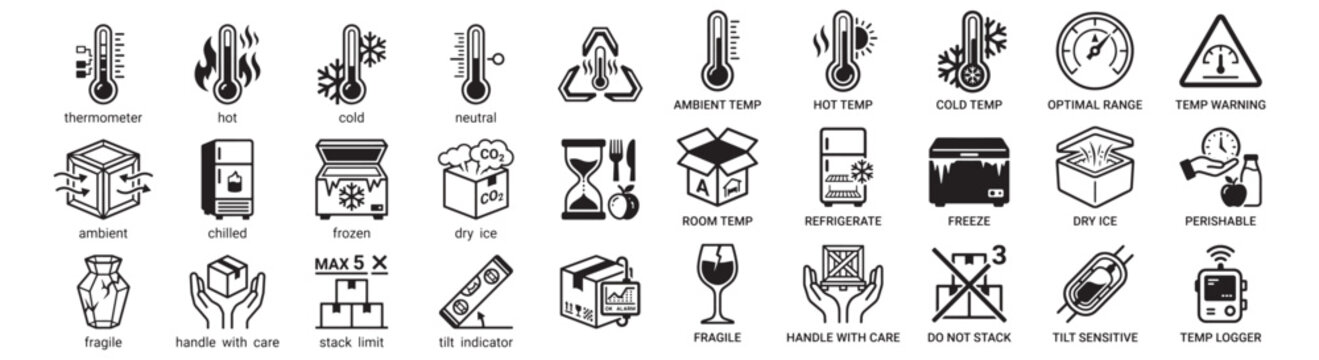 Packaging Handling and Shipping Icons Set Showing Temperature, Fragile, Storage and Safety Symbols