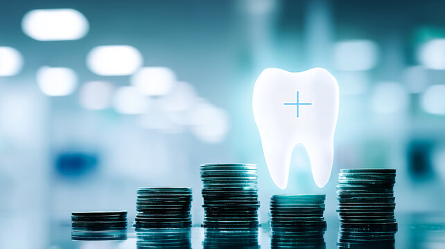 Teeth displayed above rising stacks of coins represent dental care costs and financial planning for oral health.
