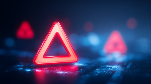 A warning triangle on a digital interface represents cybersecurity alerts and critical system risk detection.
