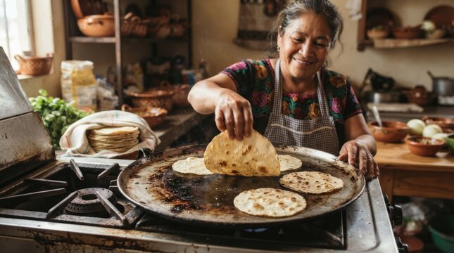 Smiling Woman Cooking Traditional Handmade Tortillas on Hot Griddle in Rustic Home Kitchen