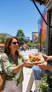 Woman receiving a fresh meal from a food truck vendor at an outdoor city market. Street food service, casual dining, and mobile restaurant concept under a sunny sky.
