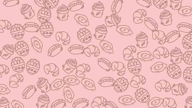 Cute hand drawn breakfast food and drink doodle seamless pattern on pink background