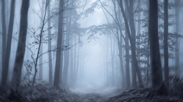 Mysterious Misty Forest with Foggy Path Among Trees