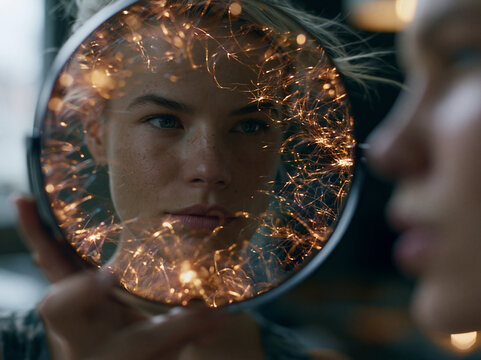 Young Woman Looking in Mirror Wrapped in Glowing Fairy Lights