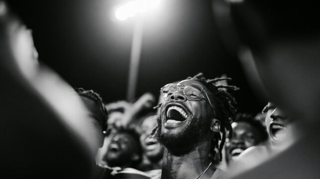 Joyful Young Man Laughing and Cheering in Crowd