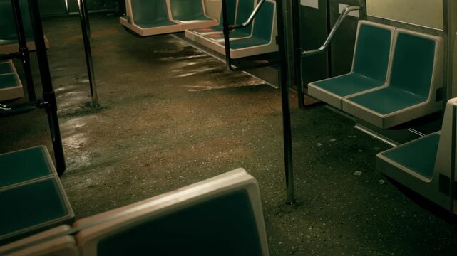 The scene shows an empty subway car with teal seats and dirty floors. The light is dim, suggesting the late evening time. There are no people inside the car.
