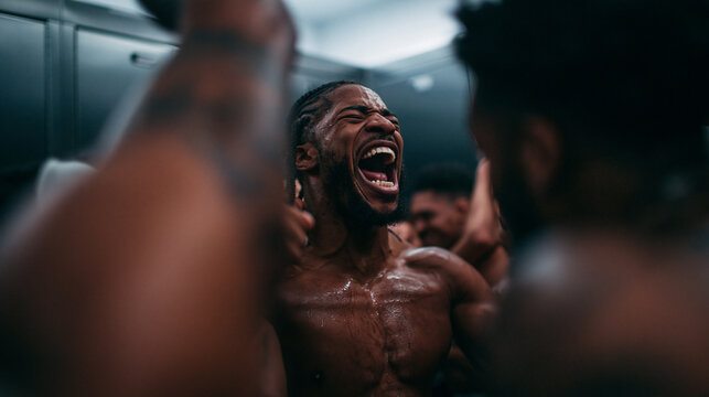Sweaty Athlete Screaming in Victory Inside Locker Room