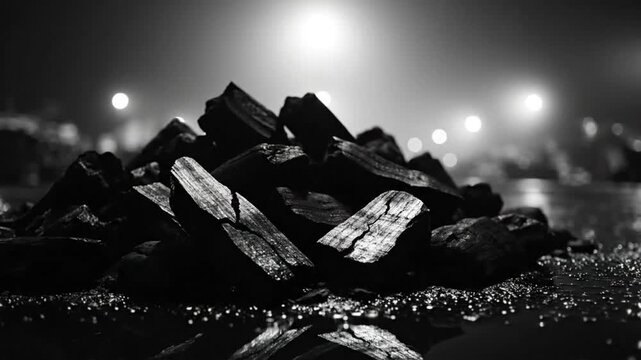 Black and white close up of a pile of charcoal with wet surface and blurred background lights at night