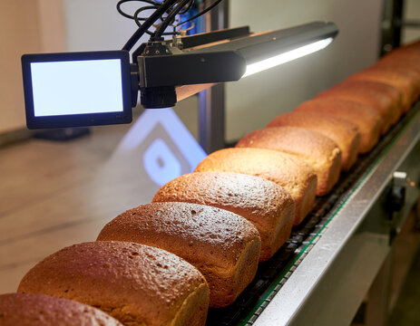freshly baked golden bread loaves moving along an automated bakery conveyor belt line under a digital optical inspection scanner monitor