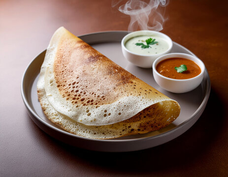 golden crispy folded south indian dosa crepe served on a ceramic plate with steaming hot sambar and coconut chutney in small white bowls