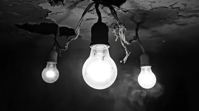 Black and white shot of three old light bulbs hanging from a dilapidated ceiling with smoke in the background creating an eerie mood