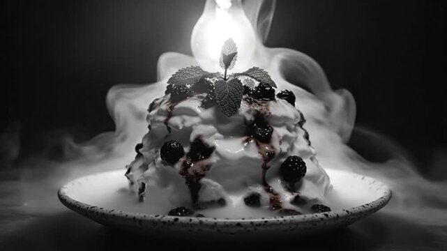 Black and white close up of a dessert with whipped cream, berries, and mint on a plate, surrounded by smoke