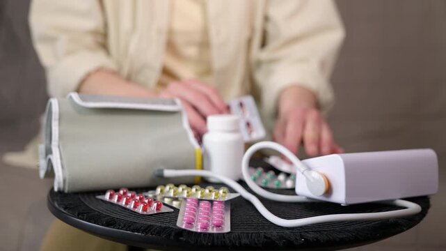 Woman choosing pills for blood pressure treatment. Elderly woman with hypertension managing her medication, with a blood pressure monitor and various pills on the table, representing healthcare