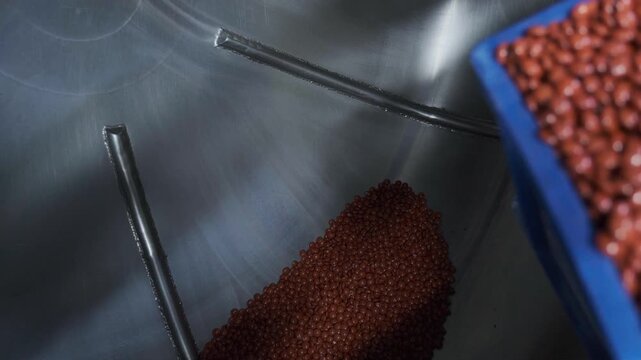 Close-up of melted liquid chocolate pouring over confectionery candies on automated conveyor belt in factory