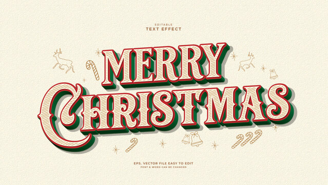 editable merry christmas typography, retro red and green lettering with festive christmas ornaments