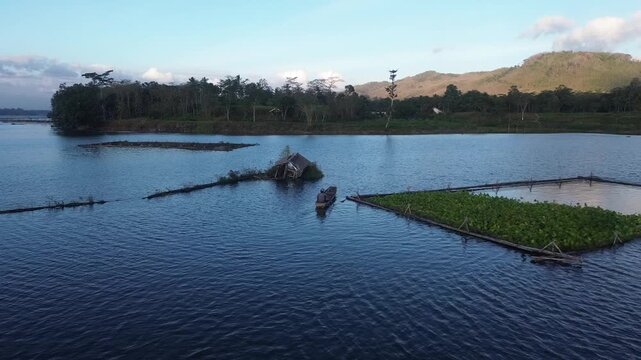 4K Aerial View of Traditional Fishing Boat on Sutami Reservoir in Malang, Indonesia