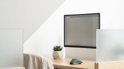 Fototapeta premium Minimalist modern office workplace with computer monitor, ergonomic mouse and plant on wooden desk