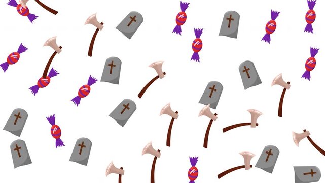 Halloween Seamless Pattern with Candies Tombstones and Axes on White