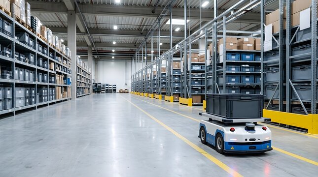 Automated Guided Vehicle AGV Transporting Cargo in a Modern Smart Warehouse Logistics Center.