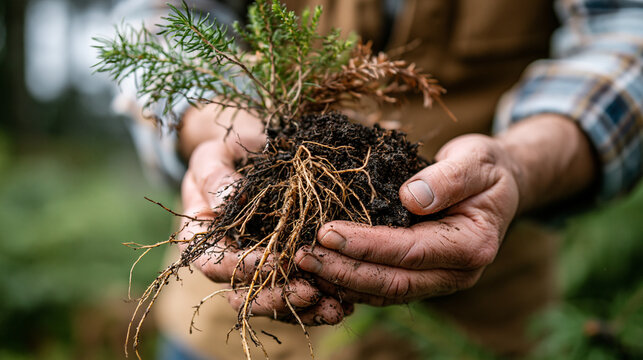 Close-up of hands holding a young tree with roots, showcasing a love for nature.