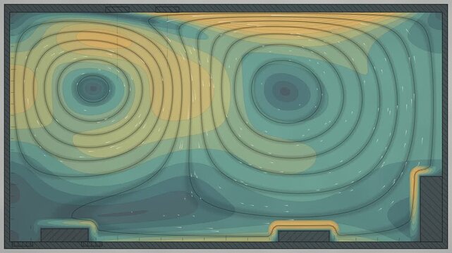 Indoor Airflow Ventilation CFD Section With Streamlines And Velocity Contours Seamless Loop in vibrant slate tones