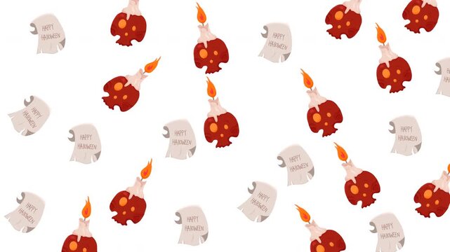 Halloween pattern featuring spooky skull candles and scrolls on white background