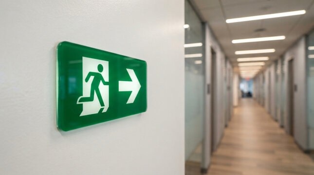 Commercial stock photo of a green emergency escape sign with arrow icon on a white wall. Modern empty hallway in blurry background for public building interior design.
